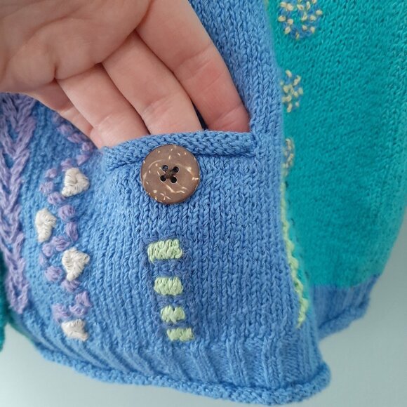 90s Spring Pastel Cardigan Sweater Embroidered Green Blue Cortagecore Fairy Boho - Picture 2 of 7